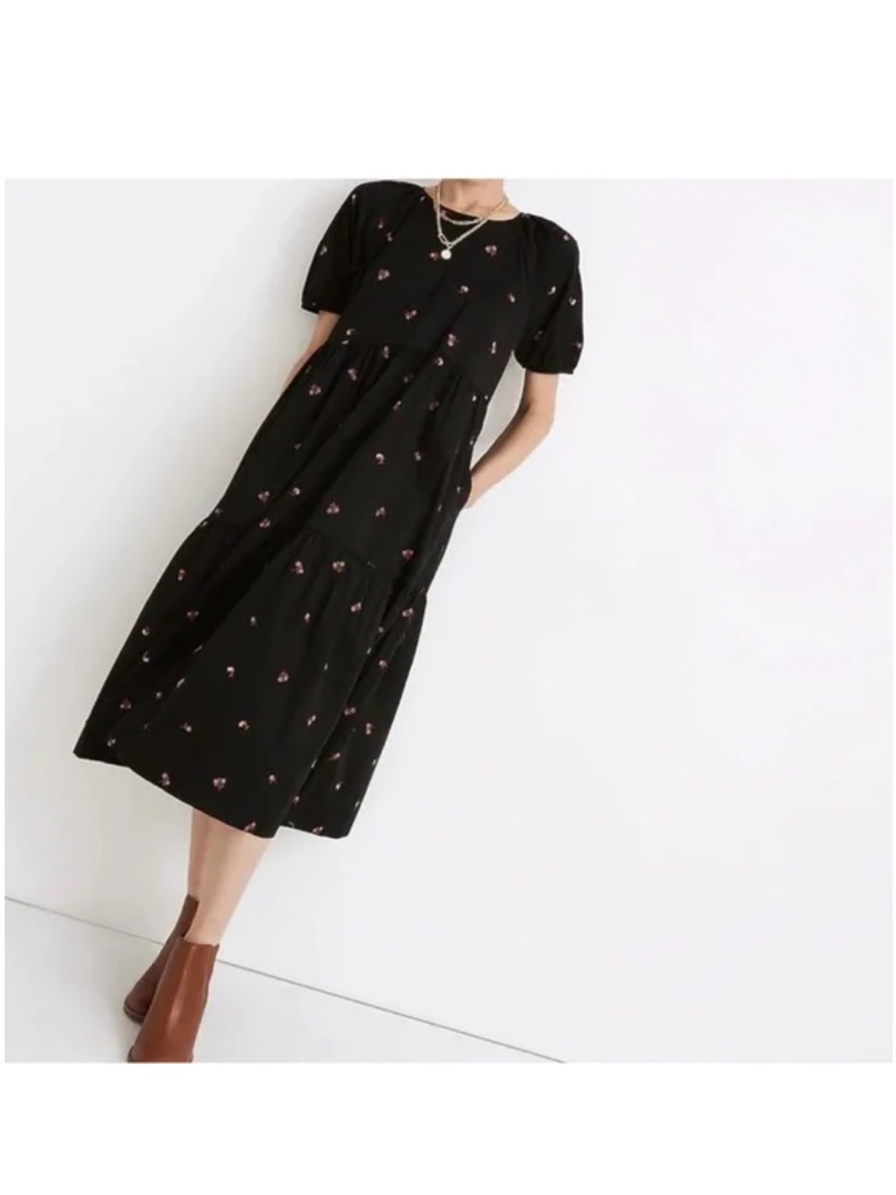 Madewell Black Floral Embroidered Tiered Midi Dress Cotton Puff Sleeve Medium M